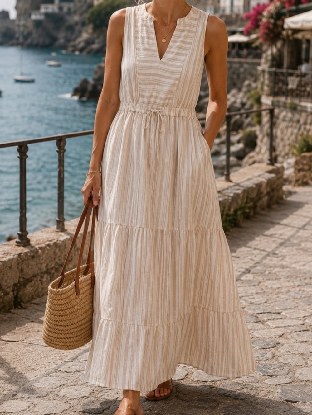Splendid Cream & Beige Stripe Maxi Dress Size Medium